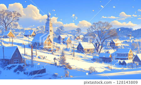 白雪皚皚的西部鄉村風景，動漫風格 128143809