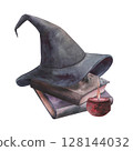 Witch's magical book with hat, red wax candle isolated on white. Watercolor hand drawn dark fantasy sketch illustration. Art design mystical halloween witch decoration greeting card 128144032