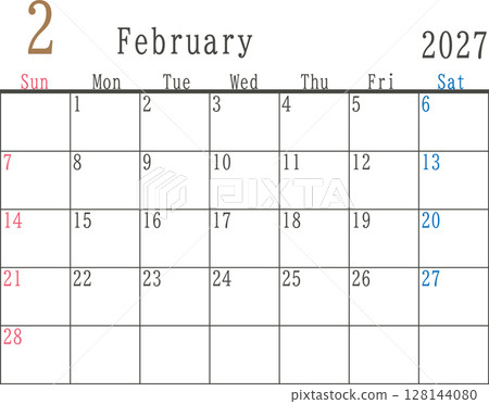 Simple monthly calendar material for February 2027 with Sunday and Saturday colors 128144080