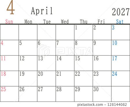 2027 年 4 月的簡單月曆材料,帶有星期日和星期六的顏色 2027 年 4 月的簡單月曆材料,帶有星期日和星期六的顏色 128144082