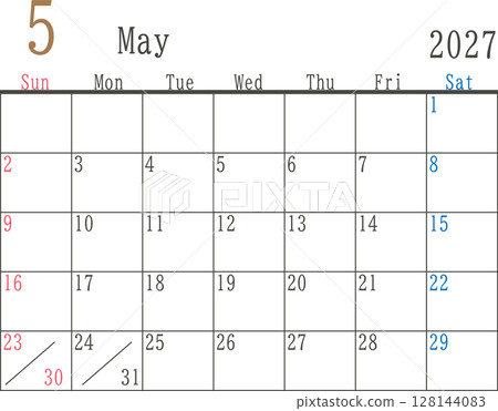 2027年5月簡單的星期日和星期六彩色月曆材料 2027年5月簡單的星期日和星期六彩色月曆材料 128144083