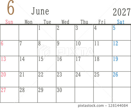 2027年6月簡單的週日和週六彩色月曆材料 2027年6月簡單的週日和週六彩色月曆材料 128144084