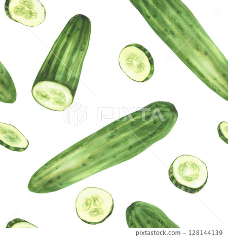 Cucumber with slices watercolor seamless pattern. Whole long green vegetable and sliced in circles. Clipart for market food packaging, kitchen textile. Isolated from background hand drawn illustration Cucumber with slices watercolor seamless pattern. Whole long green vegetable and sliced in circles. Clipart for market food packaging, kitchen textile. Isolated from background hand drawn illustration 128144139