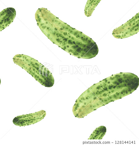 Watercolor seamless pattern of cucumber. Green vegetable hand painted illustration of prickly gherkin pickles harvest. Clipart for canned vegetarian food label, kitchen decor. Isolated from background Watercolor seamless pattern of cucumber. Green vegetable hand painted illustration of prickly gherkin pickles harvest. Clipart for canned vegetarian food label, kitchen decor. Isolated from background 128144141