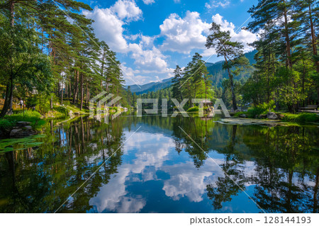 summer reflections of sky and trees in still mountain lake, symmetry and natural beauty 128144193