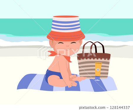 Baby Boy Sitting on Beach with Hat Vector Illustration 128144337