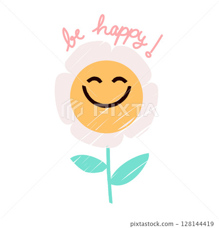 Cute Emoji Flower With "Be Happy" Text Vector Illustration 128144419