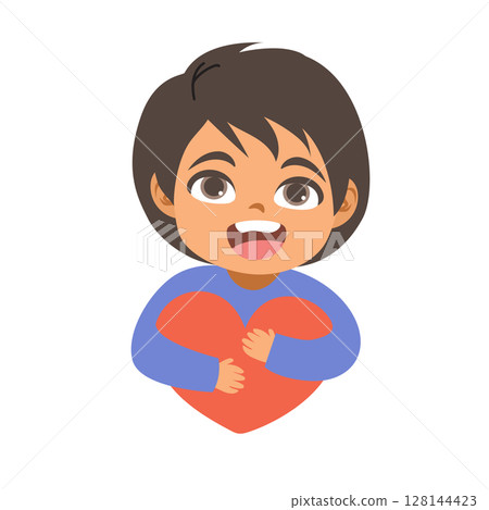 Happy Boy Hugging a Heart Cartoon Vector Illustration Happy Boy Hugging a Heart Cartoon Vector Illustration 128144423