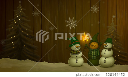 Snowmen with star in wooden setting. Holiday night concept 128144452