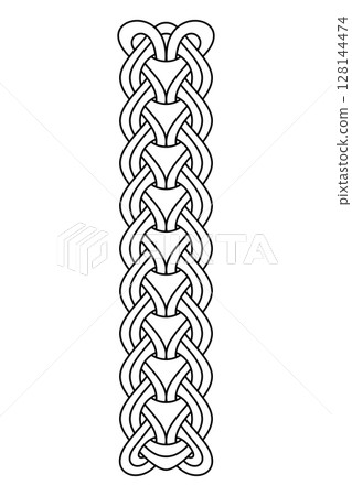 Three interlaced chains, vertebral pattern found on Manx runestones. Composed of three distinct sets of linked rings interlaced, with Y-shaped lower part, symbolizing foliage of sacred tree Yggdrasil. 128144474