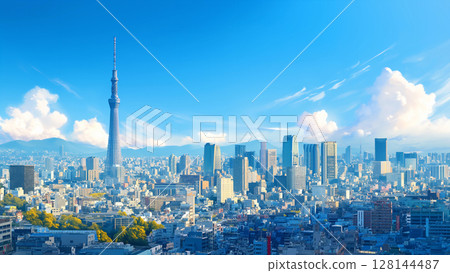 Asian city in midsummer, anime style 128144487