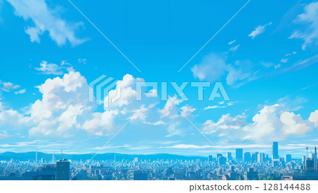 Summer sky and Asian city, anime style 128144488