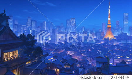 動漫風格的東京夢幻夜景 128144499
