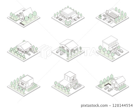 3D illustration of a building. Isometric drawing. Line drawing. 128144554
