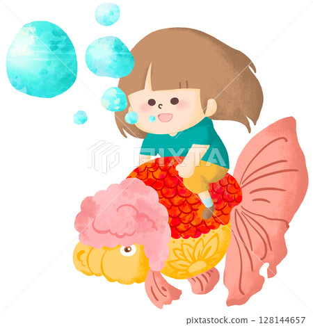 小孩在水下騎著一條大金魚的插圖 小孩在水下騎著一條大金魚的插圖 128144657