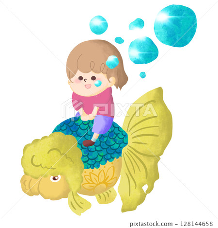Illustration of a child riding a large goldfish underwater Illustration of a child riding a large goldfish underwater 128144658