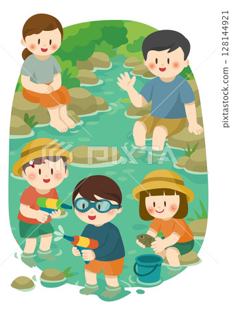 Illustration of a family enjoying playing in the river, Family Enjoying River Play 128144921