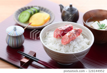 Japanese set meal of grilled cod roe rice and miso soup breakfast image Japanese set meal of grilled cod roe rice and miso soup breakfast image 128144952