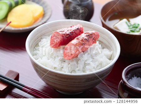Japanese set meal of grilled cod roe rice and miso soup breakfast image 128144956