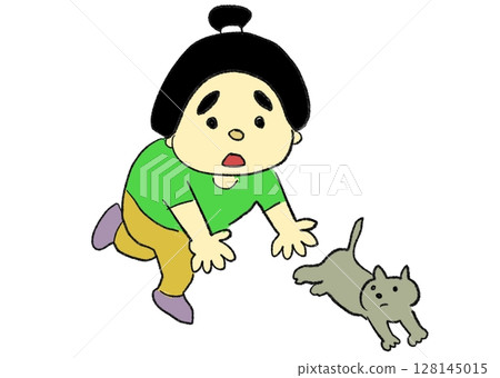 一名綁著頭髮的男子追趕一隻逃跑的貓 128145015