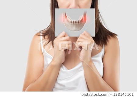 Medical concept of mandibular pain with jawbone inflammation illustration. Medical concept of mandibular pain with jawbone inflammation illustration. 128145101