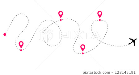 Flight route line set with airplane path illustrations featuring dashed tracking trails and dotted navigation curves for aviation map visuals and aircraft travel themed stock vector designs Flight route line set with airplane path illustrations featuring dashed tracking trails and dotted navigation curves for aviation map visuals and aircraft travel themed stock vector designs 128145191