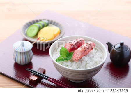Grilled cod roe chazuke Japanese style breakfast image 128145219