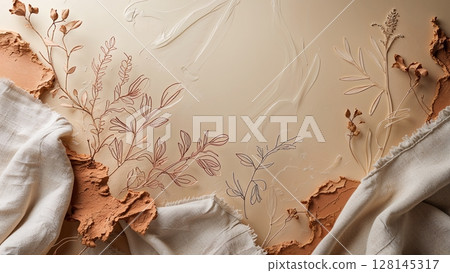 Autumn color botanical line art background with linen and earthy texture 128145317