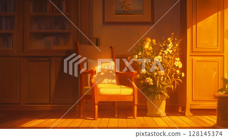 Chair and vase in a room with evening sunlight, anime style 128145374