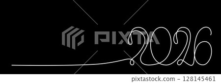 2026 sign - decoration continuous line hand drawing sign for year calendar. Vector stock illustration minimalism design isolated on black chalkboard background. Editable stroke single line. EPS10 128145461