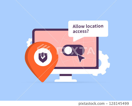 Location tracking request on desktop screen with GPS icon, map and toggle switch privacy settings. Geolocation access, user data control and gps permission. Flat location tracking vector illustration Location tracking request on desktop screen with GPS icon, map and toggle switch privacy settings. Geolocation access, user data control and gps permission. Flat location tracking vector illustration 128145499