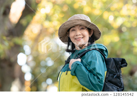 Hiking Autumn Yellow leaves 128145542