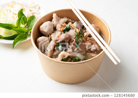 Thai noodles soup with sliced pork, minced pork, meatball and liver, Traditional Thai street food 128145680