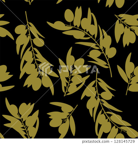 Green black olive tree branches seamless pattern Green black olive tree branches seamless pattern 128145729