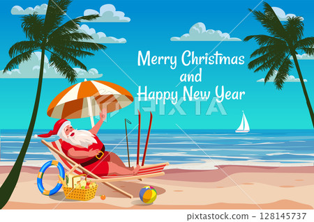 Merry Christmas card, Santa Claus in the swimsuit on the resort tropical, resting in deck chair with cocktail Merry Christmas card, Santa Claus in the swimsuit on the resort tropical, resting in deck chair with cocktail 128145737