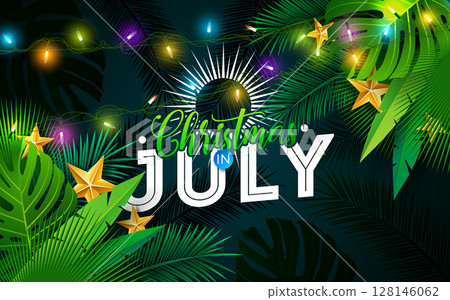Christmas in July Summer Holiday Banner Design with Tropical Palm Leaves, Light Garland and Ornament Ball on Green Background. Vector Shopping Season Illustration for Flyer, Invitation, Brochure Christmas in July Summer Holiday Banner Design with Tropical Palm Leaves, Light Garland and Ornament Ball on Green Background. Vector Shopping Season Illustration for Flyer, Invitation, Brochure 128146062