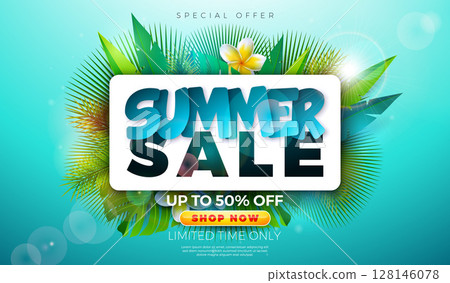 Summer Sale Business Promotional Banner Design with Flower, Tropical Palm Leaves and Typography Lettering on Blue Background. Vector Vacation Shopping Illustration with Special Offer Typography for 128146078