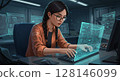 A woman operating a futuristic computer 128146099