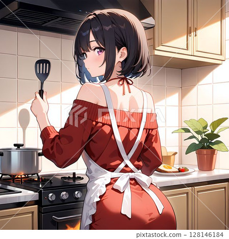 站在廚房裡的年輕女子 128146184