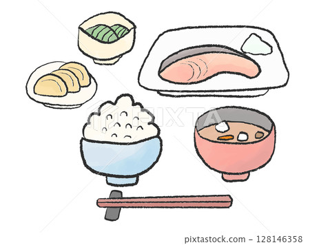 傳統日式早餐,健康的日式套餐彩色插畫素材 傳統日式早餐,健康的日式套餐彩色插畫素材 128146358