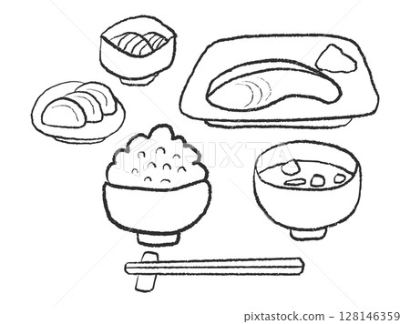 Traditional Japanese breakfast, healthy Japanese set meal Line drawing illustration 128146359