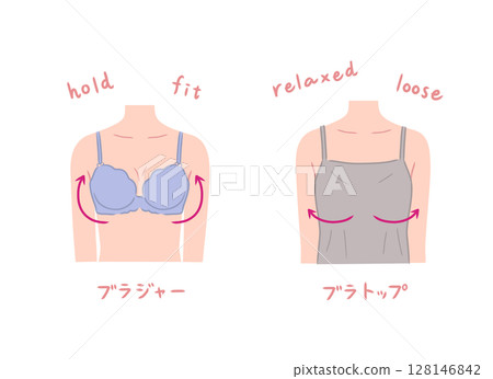Illustration set of a woman wearing a bra and a bra top 128146842