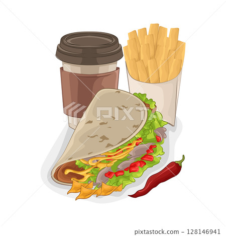 Illustration of Taco with French Fries and Coffee Cup 128146941