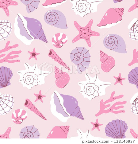 Seamless pattern with seashells in soft pink and soft purple colors. Vector graphics. Seamless pattern with seashells in soft pink and soft purple colors. Vector graphics. 128146957