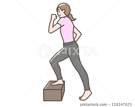 Illustration of a woman climbing up and down a step stool 128147025