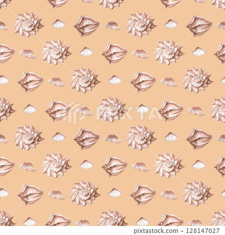 Seamless pattern with various sea shells on beige background. Watercolor illustration for packaging design, textile printing, restaurant and menu design, summer food courts, fabric printing. Seamless pattern with various sea shells on beige background. Watercolor illustration for packaging design, textile printing, restaurant and menu design, summer food courts, fabric printing. 128147027
