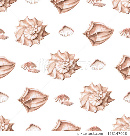 Seamless pattern with different sea shells. Isolated watercolor illustration for packaging design, textile printing, restaurant and menu design, summer food courts, fabric printing. Seamless pattern with different sea shells. Isolated watercolor illustration for packaging design, textile printing, restaurant and menu design, summer food courts, fabric printing. 128147028