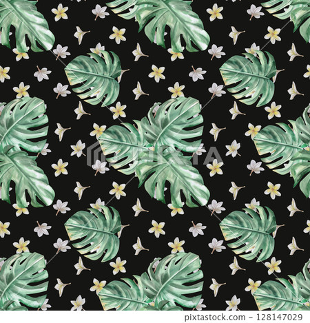 Seamless pattern with plumeria flowers and monstera leaves on black background. Watercolor illustration for packaging design, textile printing, restaurant, summer food courts, fabric printing. Seamless pattern with plumeria flowers and monstera leaves on black background. Watercolor illustration for packaging design, textile printing, restaurant, summer food courts, fabric printing. 128147029