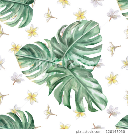 Seamless pattern with plumeria flowers and monstera leaves. Isolated watercolor illustration for packaging design, textile printing, restaurant and menu design, summer food courts, fabric printing. Seamless pattern with plumeria flowers and monstera leaves. Isolated watercolor illustration for packaging design, textile printing, restaurant and menu design, summer food courts, fabric printing. 128147030