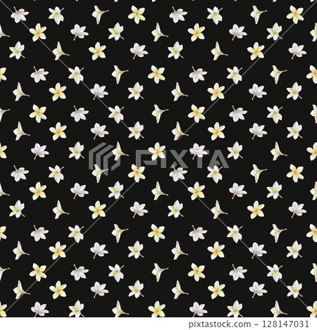 Seamless pattern with plumeria flowers on black background. Watercolor illustration for packaging design, textile printing, restaurant and menu design, summer food courts, fabric printing. Seamless pattern with plumeria flowers on black background. Watercolor illustration for packaging design, textile printing, restaurant and menu design, summer food courts, fabric printing. 128147031